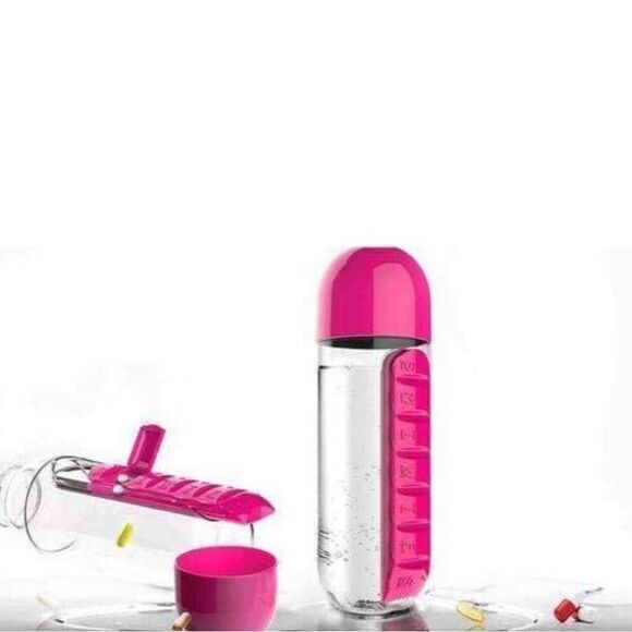 Portable Sports Water Medication Bottle Plastic 20oz with Built-in Pill Box Pink - Picture 6 of 8
